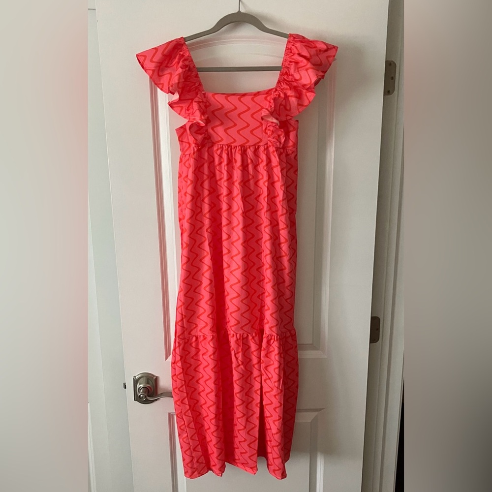 Social Threads Midi Dress size S New. L 48 , chest 31, side zipper,orange/pink